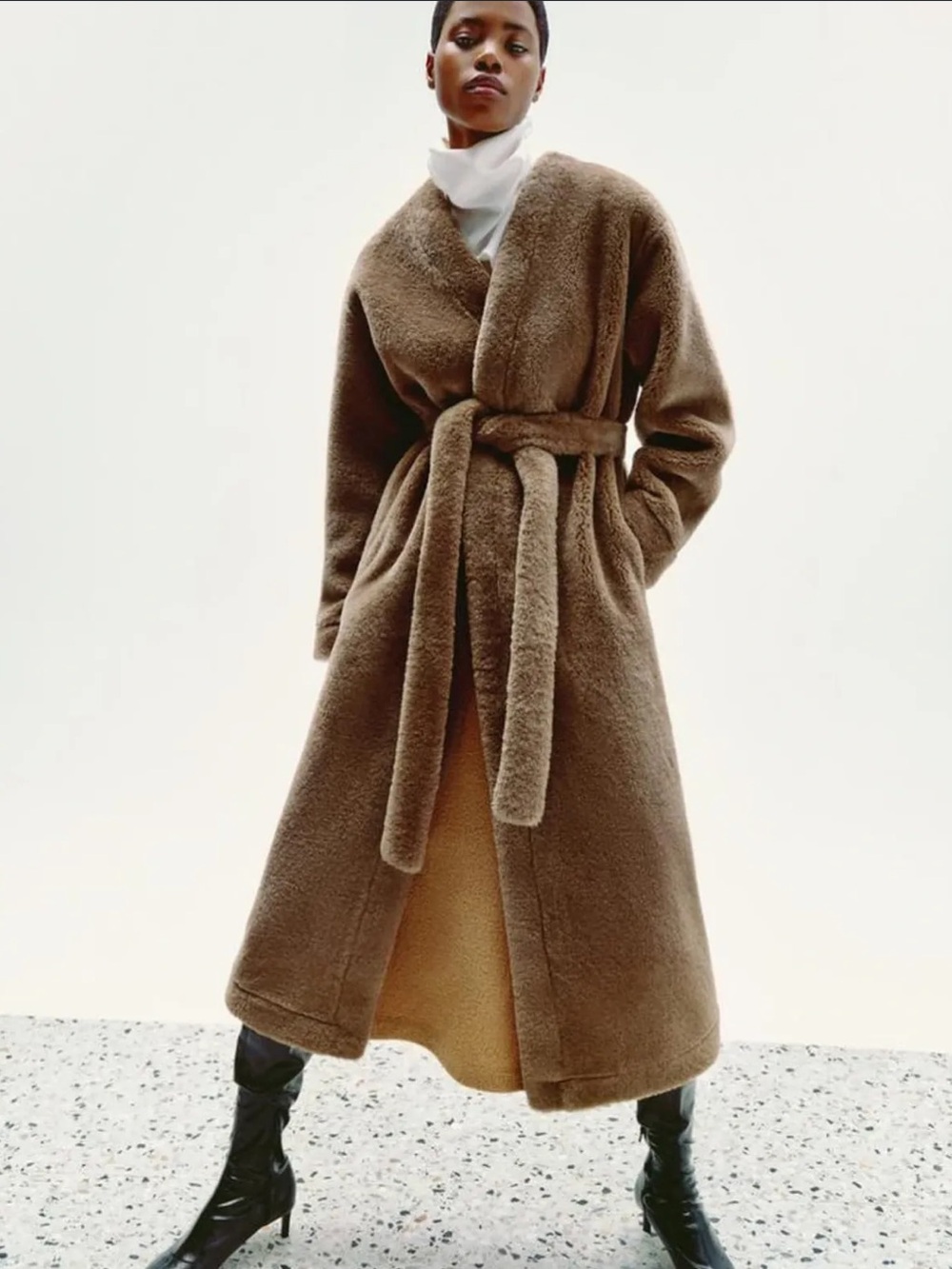 NWT Zara Olive-Brown Faux Fur Belted Coat size M
